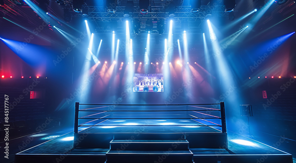 Poster spotlights on the boxing ring with large video screen at the backdrop in the background, boxing ring