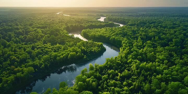 Aerial view of a winding river cutting through a dense forest, with a clear summer sky overhead, high-resolution, high-definition (HD), ultra high-definition (UHD), professional-grade