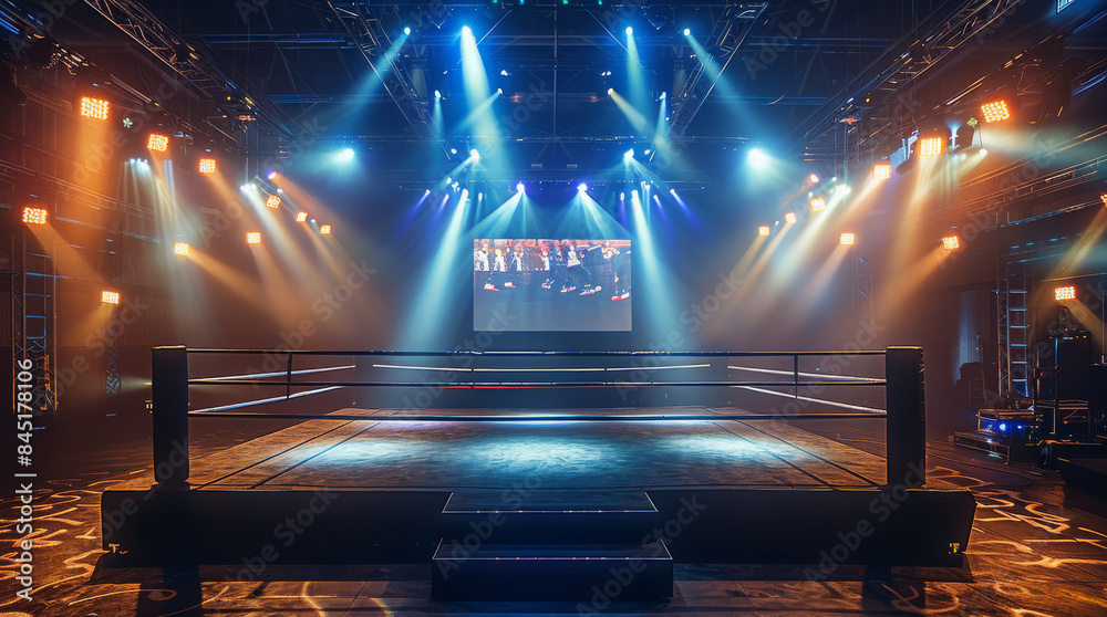 Aufkleber Spotlights on the boxing ring with large video screen at the backdrop in the background, boxing ring. Generative AI.