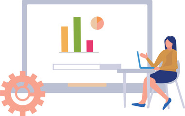 A girl is using laptop for graph setting.