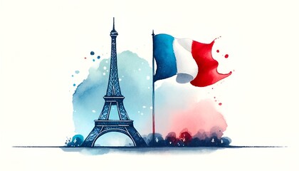 Watercolor illustration for Bastille Day in France with Eiffel Tower and French flag.