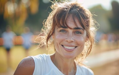 A woman with a ponytail and a white shirt is smiling. She is wearing a pair of sunglasses