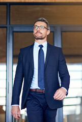 Businessman, walking and office building as corporate owner for startup, confidence or workspace....