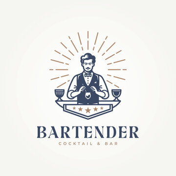classic bar and eatery with bartender making cocktail label logo vector illustration design
