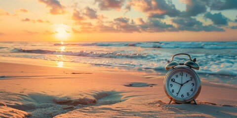 At dusk, an antique timepiece rests upon the sandy shore, its intricate details highlighted by the fading light. A vast expanse of empty space surrounds it, inviting contemplation and reflection.