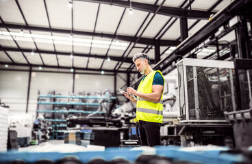 Fototapeta premium Warehouse worker reading product order, order picking. Warehouse manager checking delivery, stock, inspecting products for the shipment.