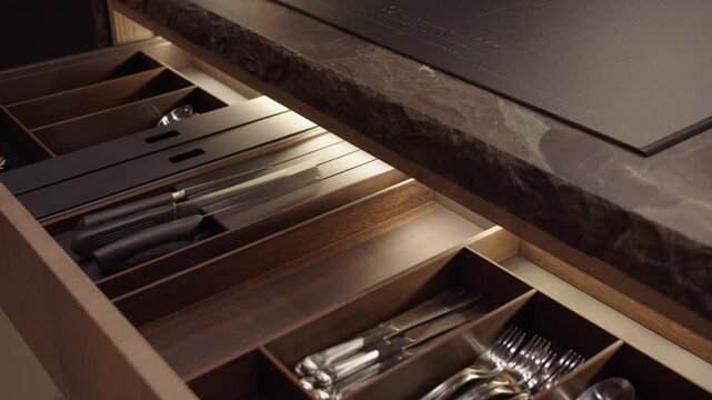 Tracking Shot Of Hand Opening Large Silverware Utensil Drawer In Modern Kitchen. Extra Large Drawer Features Lighting That Is Activated When Opened.