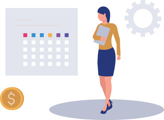 The girl is looking at the finance calendar.