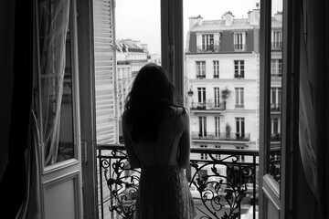 Black and white photography of woman standing in the window on balcony with view to Paris street,...