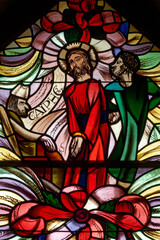 Fototapeta premium Christ in front of Caiaphas. Vitrail du Christ devant Caïphe. Annecy - France