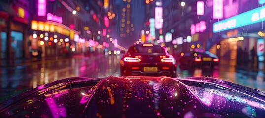 Nighttime Urban Street Scene with Neon Lights and Luxury Cars in the Rain Creating a Reflective Cinematic Atmospherecityscape