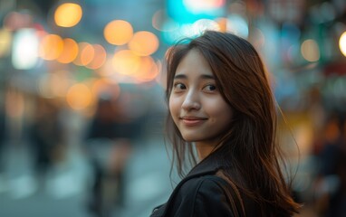 Obraz premium A woman with long hair is smiling at the camera. She is wearing a black jacket and is standing on a street