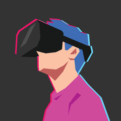 Portrait of young man with virtual reality headset. Concept of modern, futuristic, technology. Suitable for avatar, profile, poster, design purpose. Flat vector illustration.