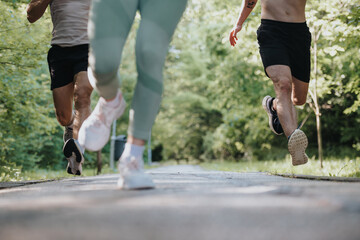 Close-up of three people running on an outdoor path surrounded by greenery on a sunny day. Focus on legs and running shoes.