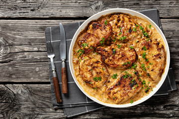 creamy smothered pork chops cooked in onion gravy