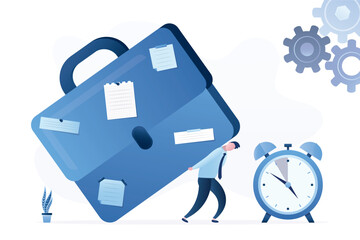 Tired manager carrying heavy briefcase with notes. Excessive workload, task overload, hard work. Male employee struggles to withstand workload that is too heavy.