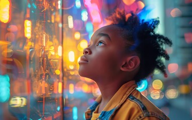 A young girl with curly hair is looking out a window at a colorful display. The scene is bright and lively, with a sense of wonder and curiosity. The girl's gaze is focused on the display