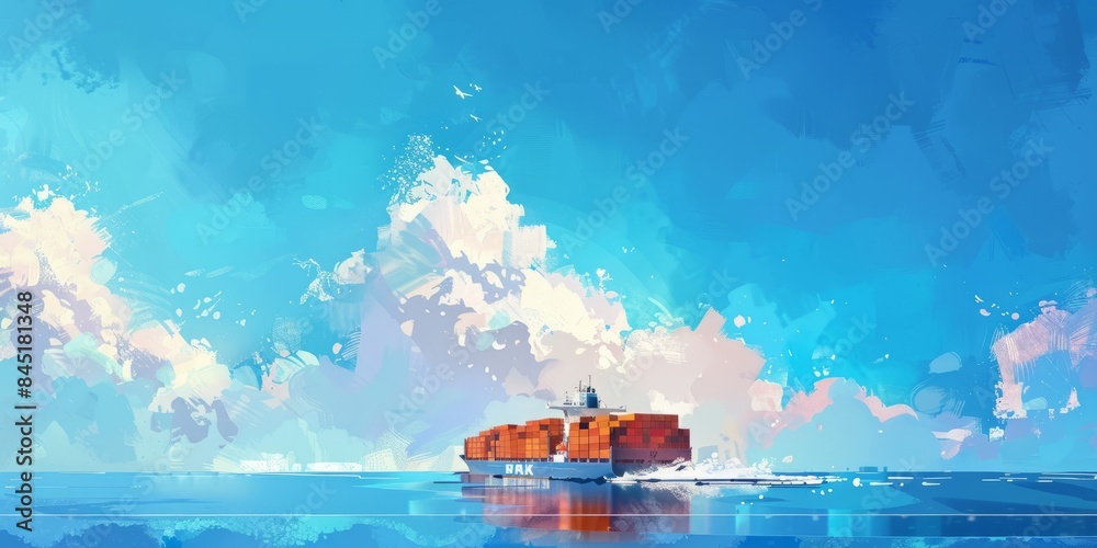 Wall mural illustration of an international logistics ferry in the middle of the sea with sunny weather and clouds