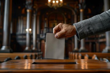 Hand placing a vote into ballot box inside classic church environment with wooden pews and chandeliers highlighting democratic processVoting