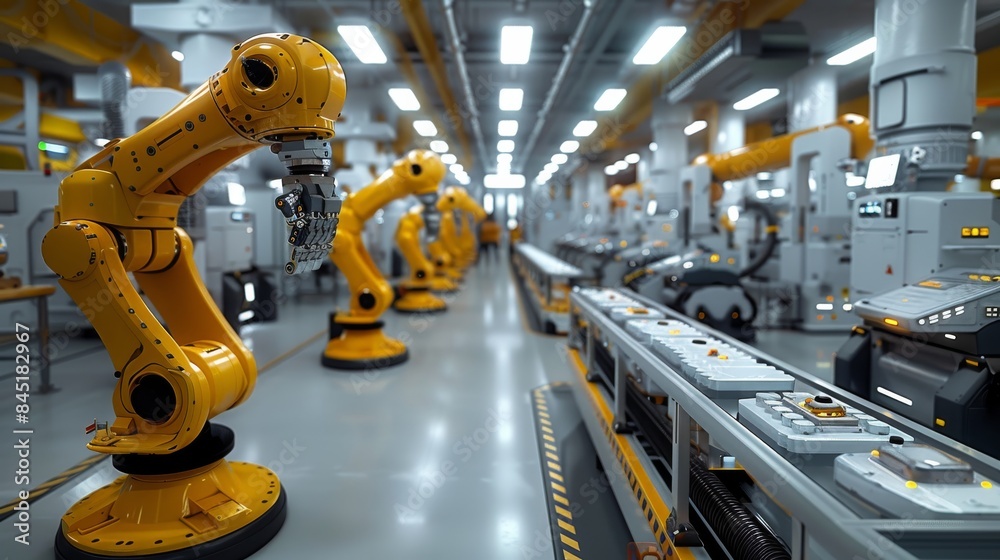 Aufkleber A modern, high-tech factory floor with robotic arms and AI components. Generative AI.