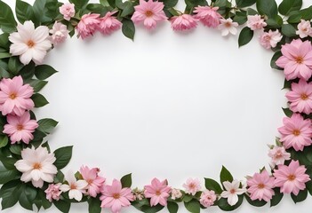 Fototapeta premium Flowers with leaves forming a border around a blank white background