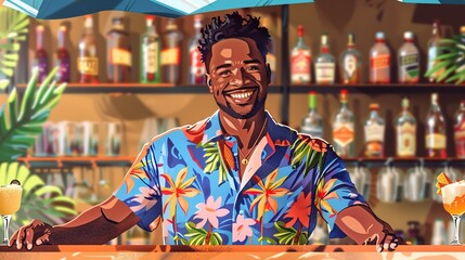 african american smiling man bartender work on the beach resort, barman making a cocktail on the beach for relaxing.