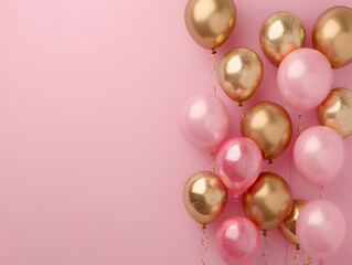 Golden pink balloons on a pink background with blank text space