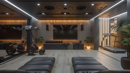 A modern home gym with a feature horizontal slat wood wall with a TV centered with glowing lights embedded in the wall. on the wall below the TV and backlit and centered to the wall. Generative AI.