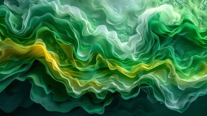 Abstract Vibrant Fluid Waves of Green and Yellow Colors Form Mesmerizing Layers of Flowing Patterns in Artistic Digital Art DesignAbstract