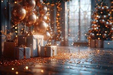 Obraz premium Festive Holiday Scene with Golden Balloons and Wrapped Gifts Sparkling in Warm Ambient Lighting, Celebratory Winter Eveningfestive