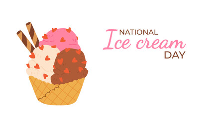 Happy National Ice Cream Day card. A waffle cone with various fruit ice cream scoops. Gelato or sorbet in cone. Vector cartoon banner in flat style.