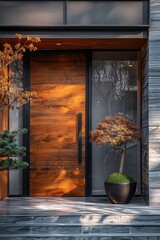 Modern Contemporary Wooden Front Door with Autumnal Foliage and Bonsai Plants in Exterior Architectural DesignModern