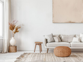 Minimalist interior design composition with fancy ornaments and copyspace for text. Home decor concept image in earthy bright tones.