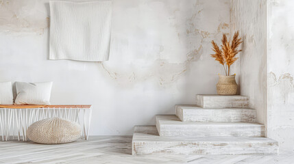 Minimalist interior design composition with fancy ornaments and copyspace for text. Home decor concept image in earthy bright tones.