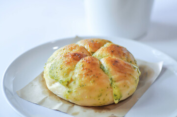 cheese bun, cream cheese garlic bread or Korean cream cheese garlic bun or cream cheese garlic bun in the paper dish