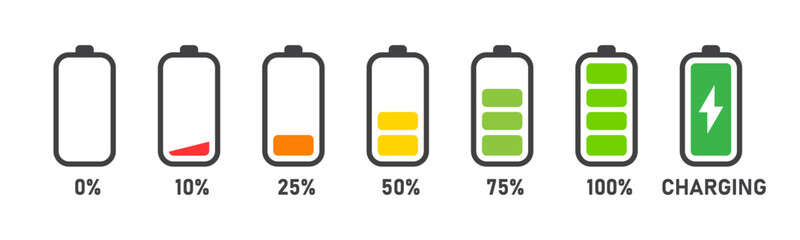 Charging battery icon set with 0,% 25%, 50%, 75%, 100% indicator in colorful style. Battery charge flat icons. Charge indicator. Vector battery power icon powerfully charged. Vector illustration.