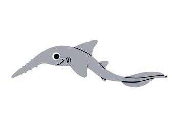 Vector cartoon illustrations of saw shark on a white background. Flat cute icon of shark. Underwater world, ocean, underwater inhabitants.
