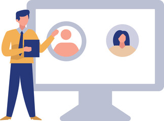 A boy is pointing at the profile on monitor.