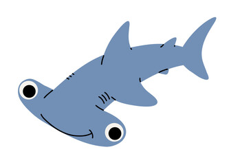 Vector cartoon illustrations of hammerhead shark on a white background. Flat cute icon of shark. Underwater world, ocean, underwater inhabitants.