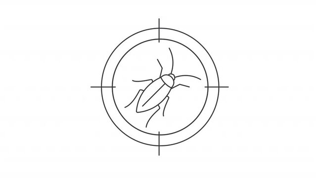 Animated bug icon. Roach focus line animation. Sniper rifle scope moving. House parasite. Termite control services. Black illustration on white background. HD video with alpha channel. Motion graphic