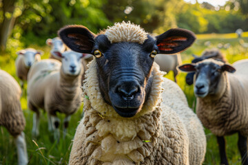 Fototapeta premium Close-up of a black-faced sheep in a meadow, surrounded by a flock, showcasing wool and attentive gaze.