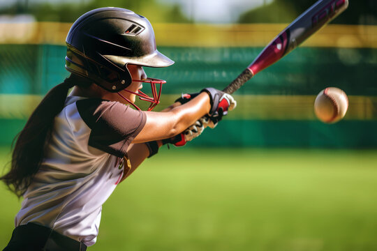 Close-up of an athletic girl swinging a bat in a softball game, focusing intently on the ball