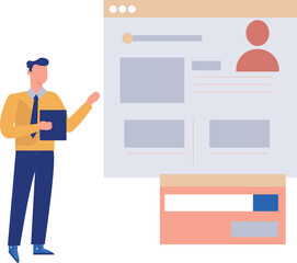 Boy pointing at text form on web page.