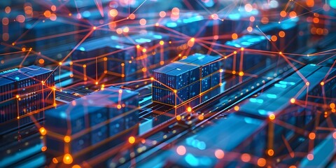 Image shows interconnected data points in blockchainenabled supply chain tracking system. Concept Blockchain, Supply Chain, Data Tracking, Interconnectivity, Technology