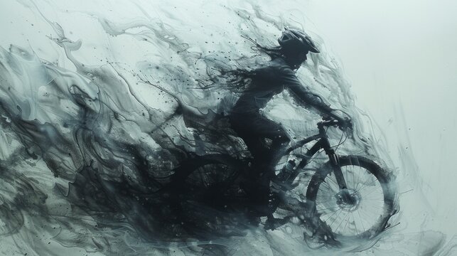Reverse black ink forming a cyclist in full motion on a white background