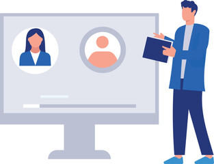 The boy is standing by the monitor.