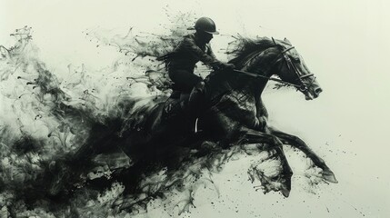 Reverse black ink swirling into the shape of a horse and jockey on a white background