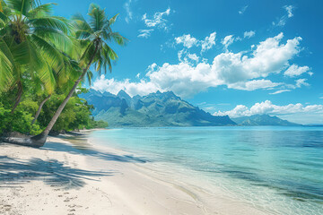 Beautiful tropical beach island paradise with palm trees, white sand, and idyllic nature landscape. Turquoise ocean against blue sky with clouds on sunny summer day for relaxing vacation