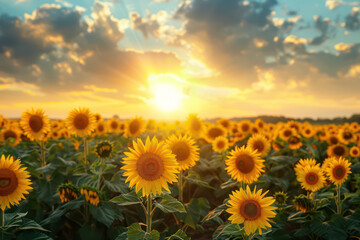 Fototapeta premium Sunrise over a field of sunflowers, beautiful, bright and cheerful nature landscape, showcasing the beauty of nature in this image for Ads, banner, magazine publication. Generative AI