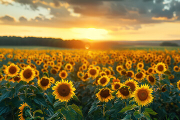 Fototapeta premium Sunrise over a field of sunflowers, beautiful, bright and cheerful nature landscape, showcasing the beauty of nature in this image for Ads, banner, magazine publication. Generative AI